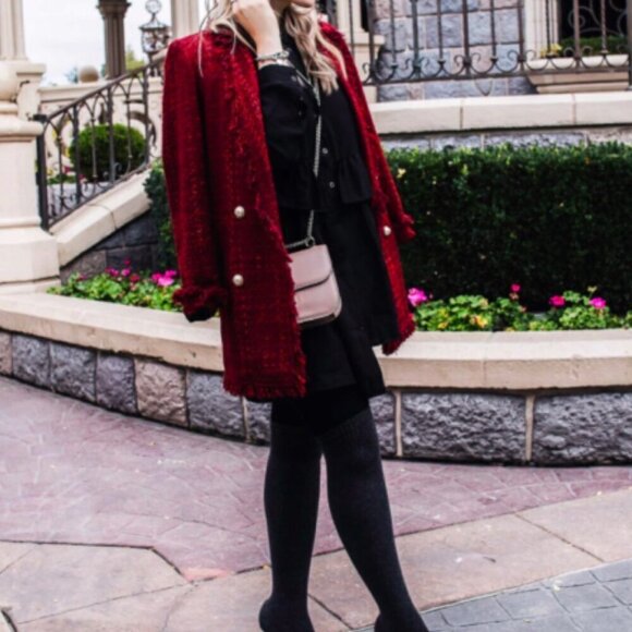 Zara Blogger Favourite Long Tweed Blazer Burgundy - Picture 11 of 14